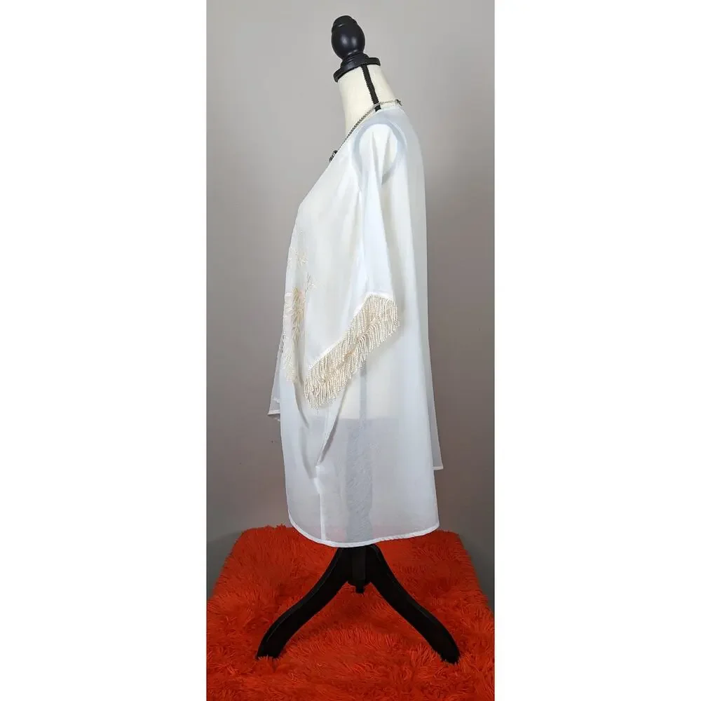 Ella Blue Cream White Floral Embroidered Fringe Sleeves Sheer Kimono M/L